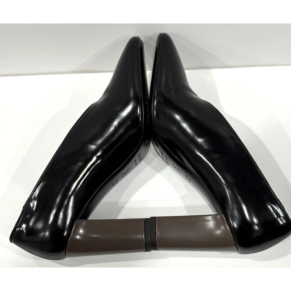 Via Spiga Italy Black Leather Pointed Toe Block Heel Pumps Women's US 8 EU 38